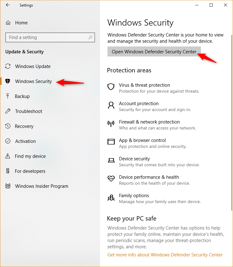 Windows Defender-Sicherheitscenter