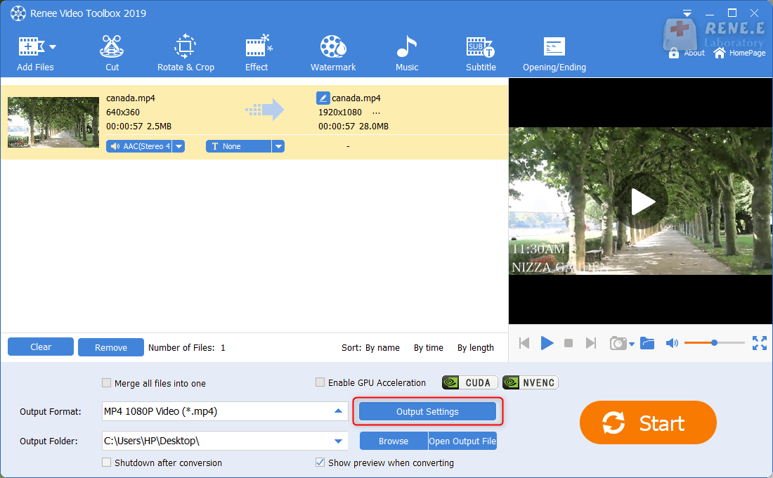 Ausgabeeinstellungen von Renee Video Editor Pro