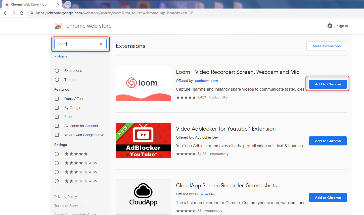 Suche nach Webstuhl im Chrome Store