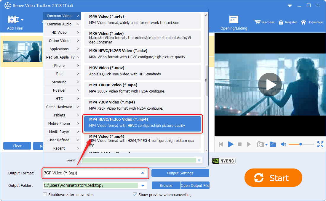 Wählen Sie das Zielausgabeformat MP4 in Renee Video Editor Pro