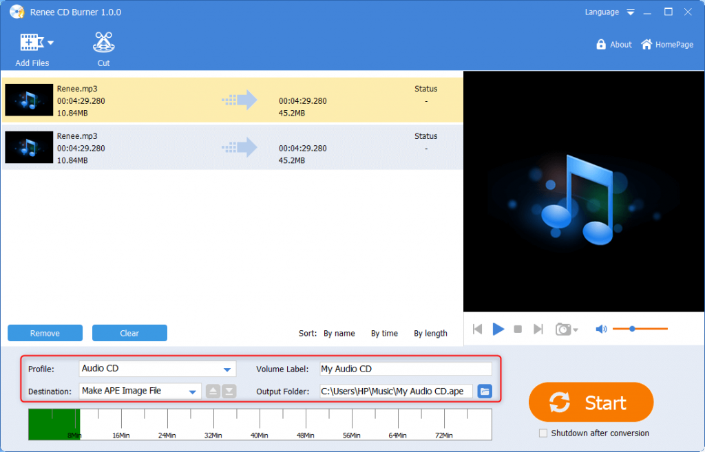 Einstellungen im CD-Brenner von Renee Audio Tools