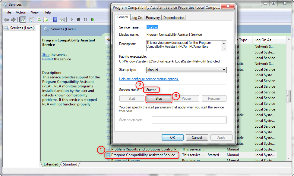 Stoppen Sie den Dienst des Programmkompatibilitätsassistenten