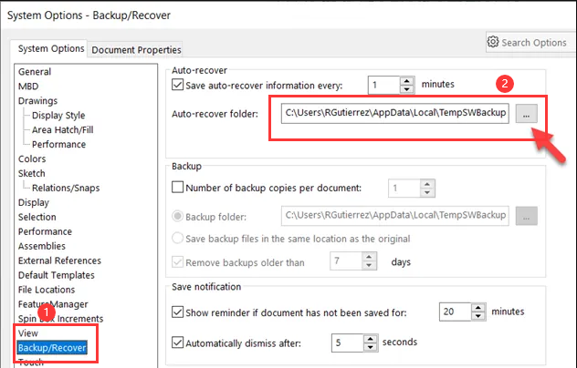 Sehen Sie sich den Ordnerpfad für die automatische Wiederherstellung von SolidWorks an