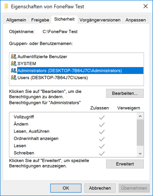 Ändern Sie alle Berechtigungen einer Datei oder eines Ordners