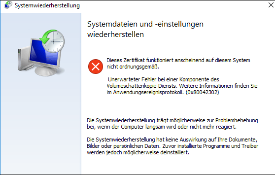 Fehler bei der Systemwiederherstellung 0x80042302