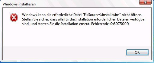 Die erforderliche Datei install.wim kann nicht geöffnet werden 0x8007000D