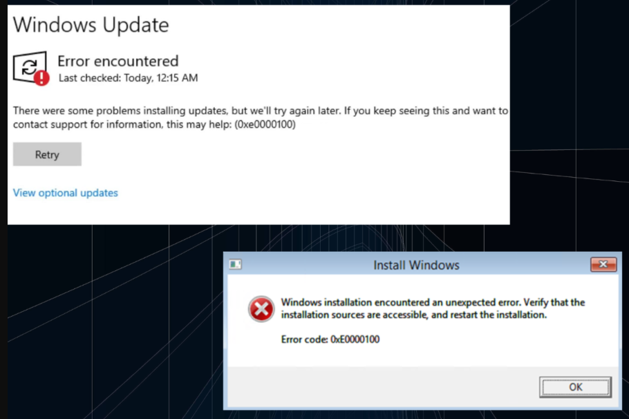 Bei der Windows-Installation ist der Fehler 0xE0000100 aufgetreten
