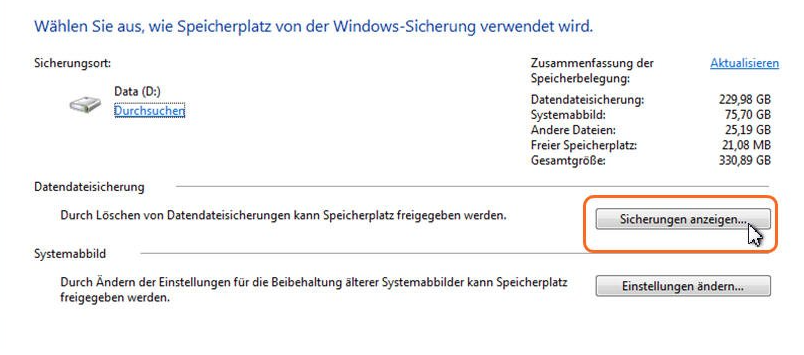 Verwalten Sie den Windows-Backup-Festplattenspeicher