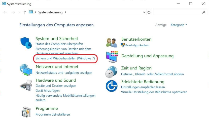 Sicherung und Wiederherstellung von Win10