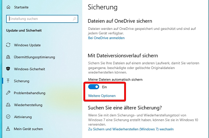 Sicherung über den Dateiverlauf einschalten