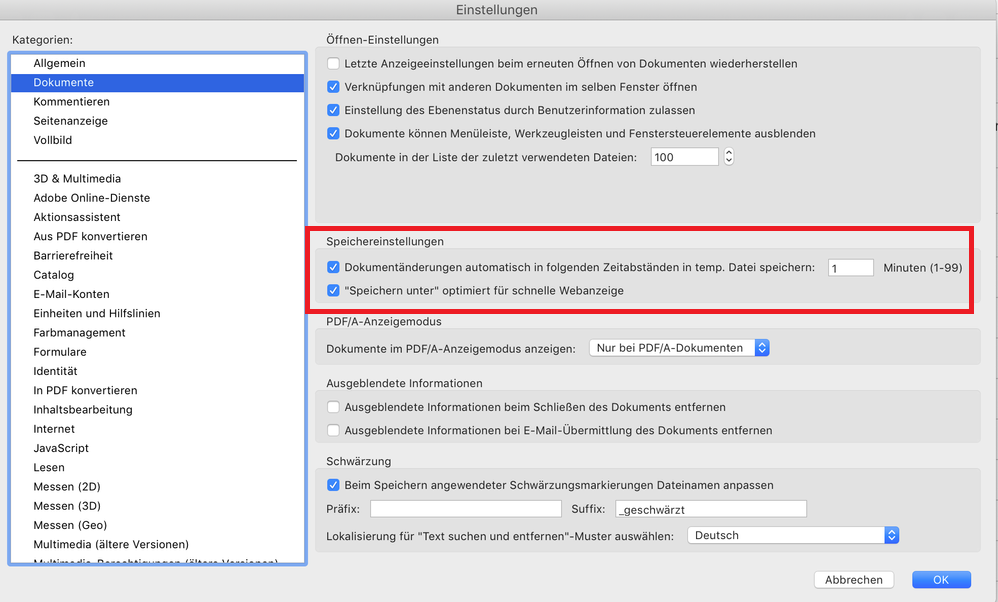 Adobe Acrobat Pro DC-Speichereinstellungen