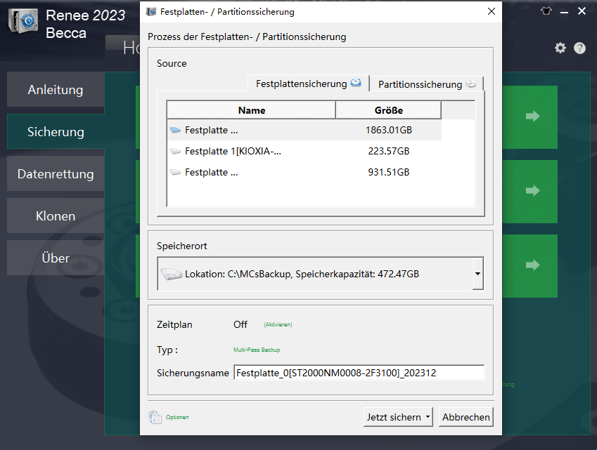 Datenträger-/Partitionssicherung, Datenträger auswählen