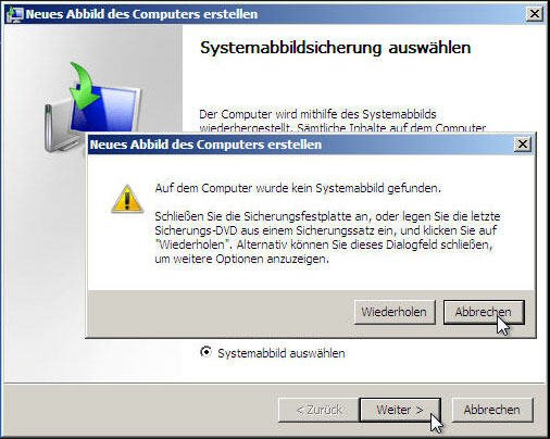 Auf dem computer wurde kein systemabbild gefunden