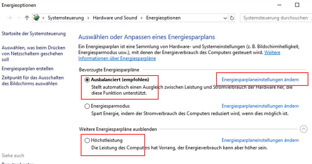 Energieoptionen Bedienfeld