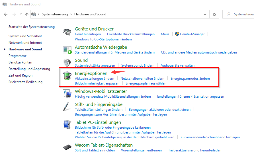 systemsteuerung energieoption, Windows 10