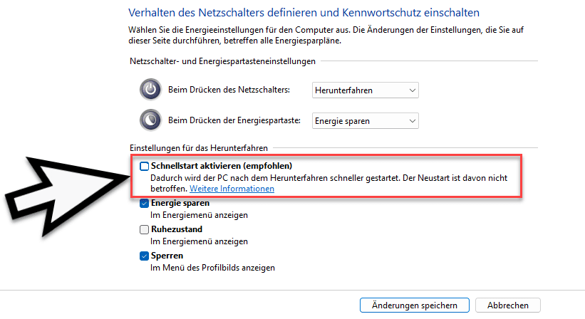 Deaktivieren Sie die Option, um den Schnellstart zu aktivieren