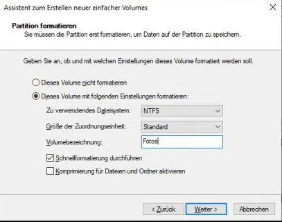 windows Partition erstellen, Partition Parameter festlegen