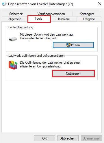 Defragmentierung des Laufwerks C in den Eigenschaften