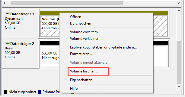 Volume löschen, dynamischen Datenträger