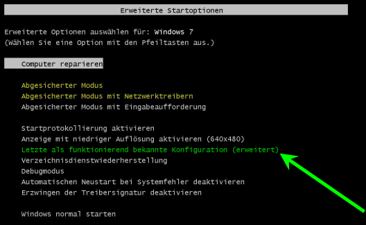 Wählen Sie die letzte als funktionierend bekannte Konfigurationsoption aus