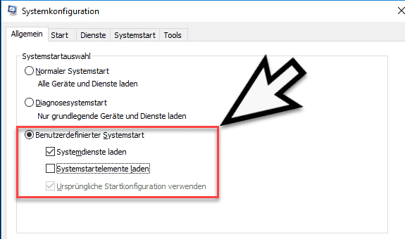 Windows 10-Startkonfiguration msconfig