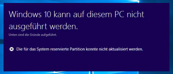 Die Fehler Anforderung Schnittstelle für die vom System reservierte Partition konnte nicht aktualisiert werden