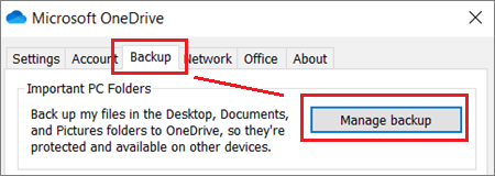 onedrive  backup, Backup-Optionen verwalten