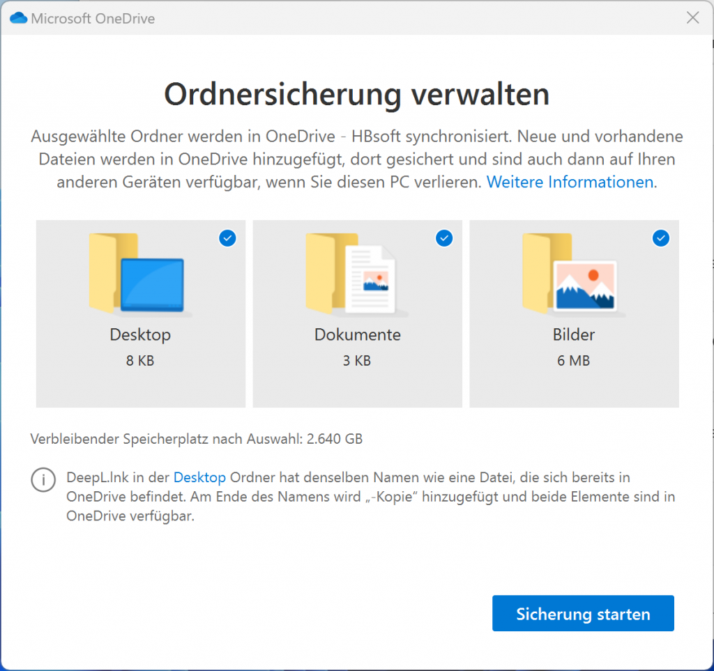 onedrive Backup-Optionen verwalten