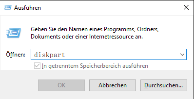 Dialog zum Ausführen der Windows-Taste diskpart