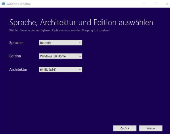 Windows 10-Installationsmedientool Plattform auswählen