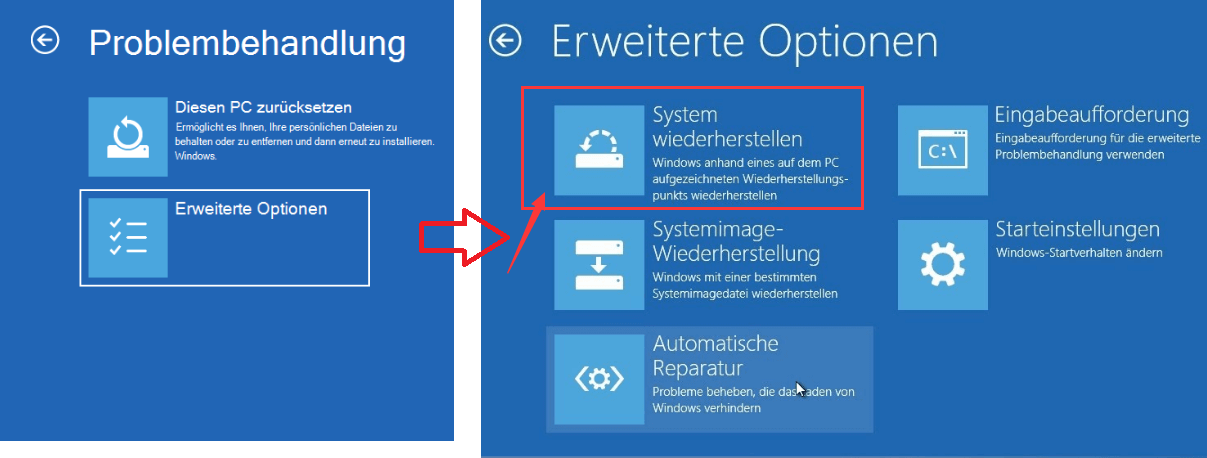 Systemwiederherstellung erweiterte optionen