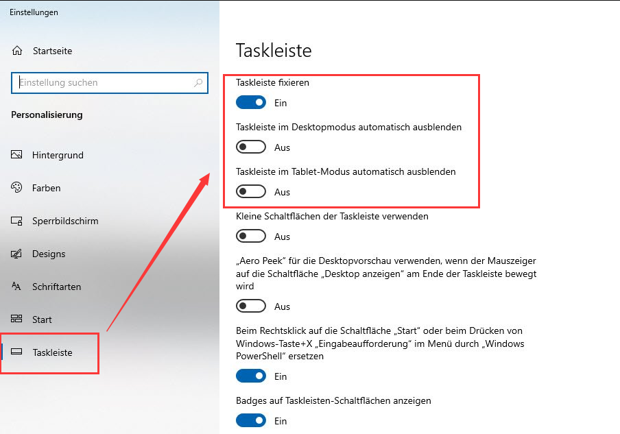 Taskleisteneinstellungen