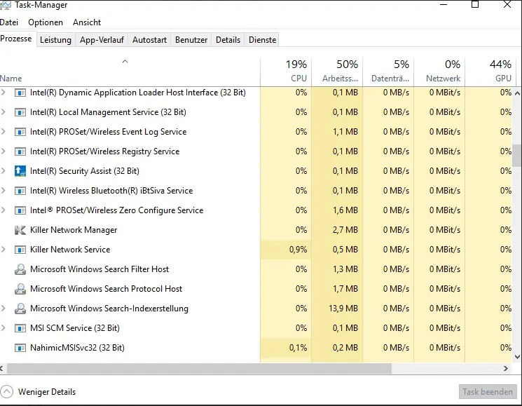 Der Task-Manager listet alle Aufgaben auf