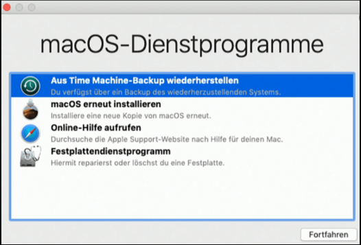 macOS-Dienstprogramm zur Wiederherstellung aus Time Machine-Backups