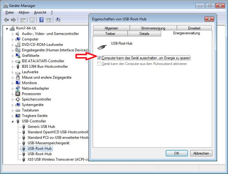 Durch das Abbrechen des USB-Root-Hubs kann der Computer dieses Gerät ausschalten, um Strom zu sparen