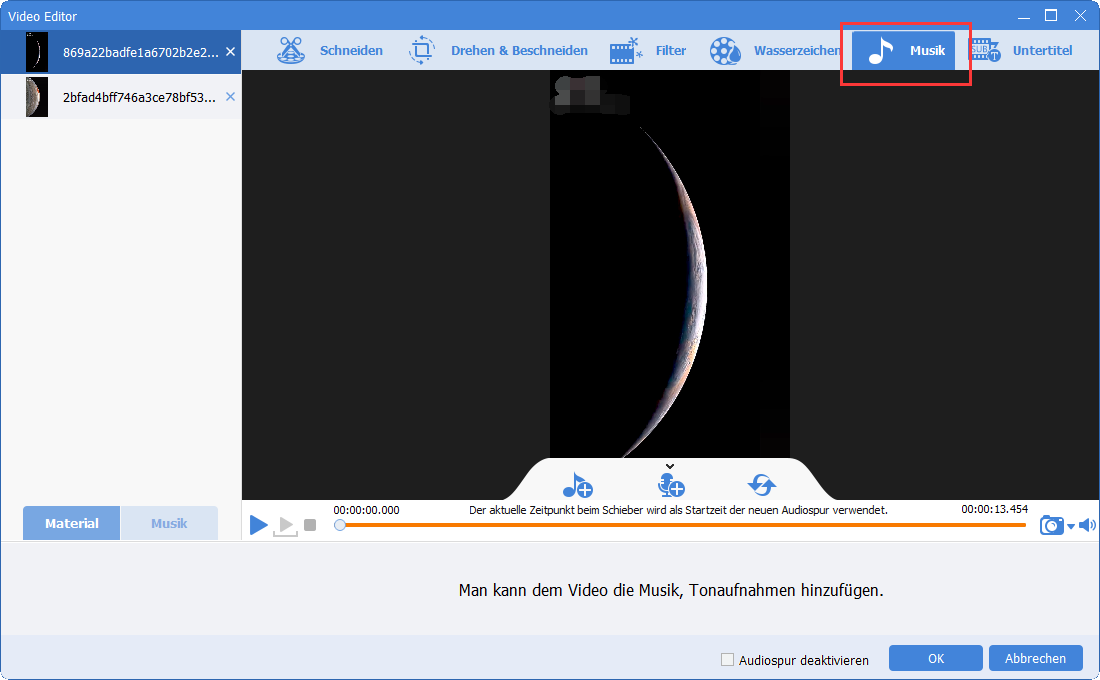 Video-Editor stellt Hintergrundmusik ein