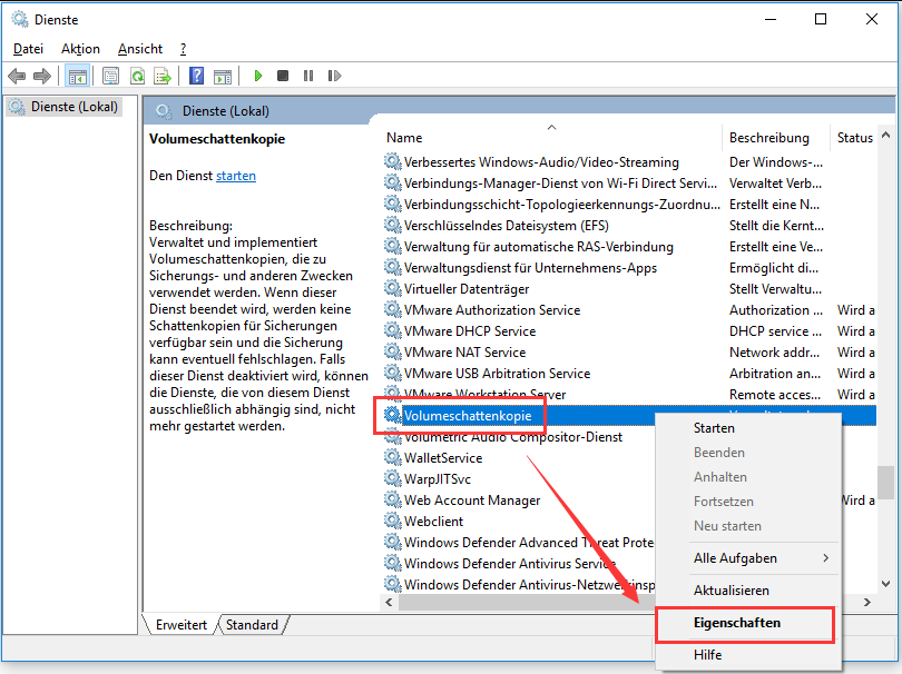 Starten Sie den Volume Shadow Copy-Dienst im Dienstmanager neu