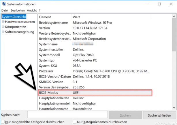 Windows Systemzusammenfassung BIOS-Modus msinfo32