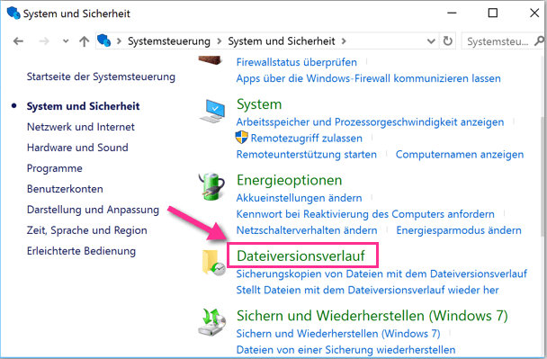 Dateiverlauf von Windows 10 in der Systemsteuerung