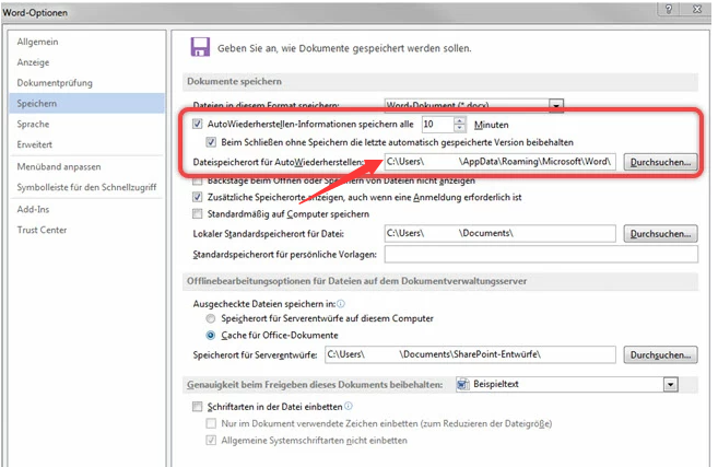 Zeigen Sie den Speicherort der Word AutoRecover-Datei an
