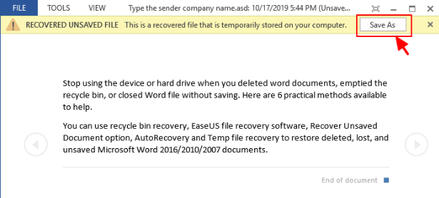 Diese wiederhergestellte Datei wird vorübergehend auf Ihrem Computer gespeichert, um das Wiederherstellungswort zu vergleichen
