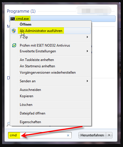 Windows cmd 7 als Administrator ausführen