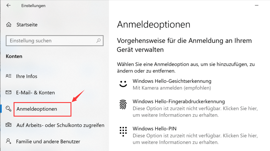 Konto- und Anmeldeoptionen