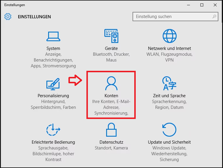 Klicken Sie in den Windows 10-Einstellungen auf Konto