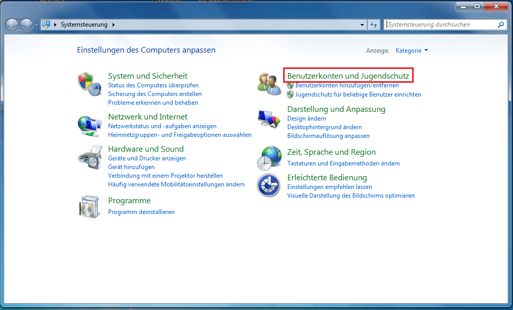 Benutzerkonten und Jugendschutz, Windows 7