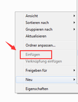 Einfügen, Rechtsklick im Ordner
