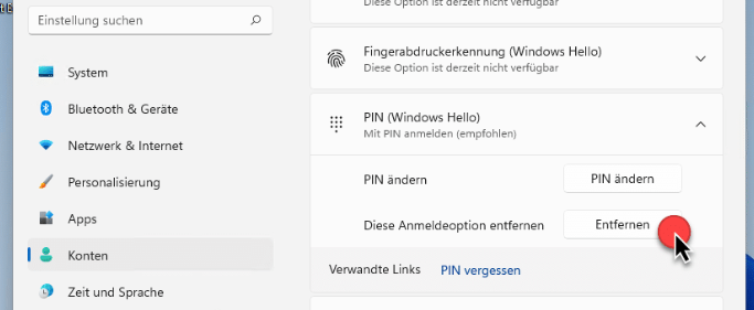 Windows 11 PIN-Passwort entfernen