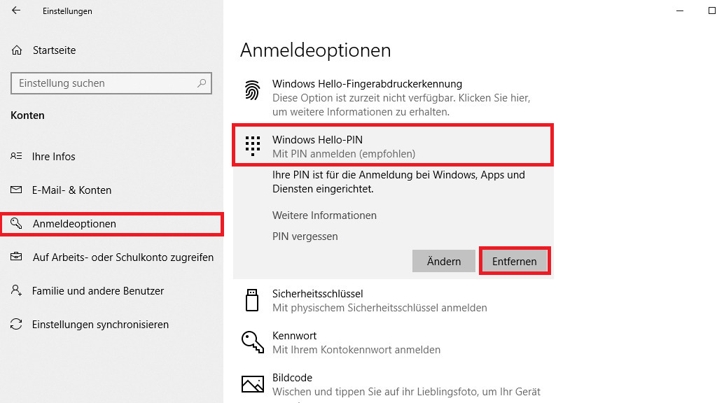 windows hello PIN entfernen knopf