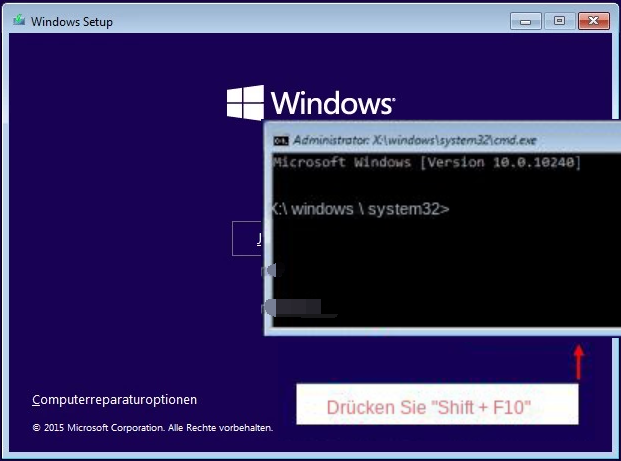Windows-Installationsmedium, Umschalttaste F10