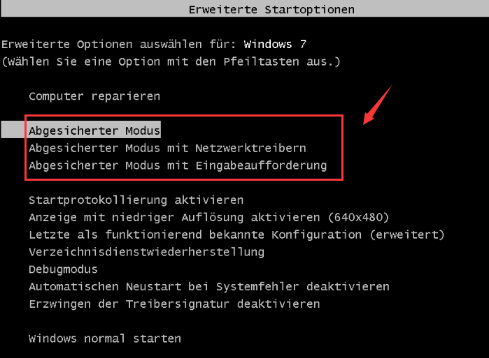 Abgesicherter Modus mit Eingabeaufforderung windows 7